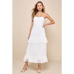 Lulus Delightful Bliss White Mesh Swiss Dot Strapless Midi Dress - Size M